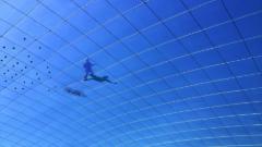 Réseau de câbles et membrane supérieur en ETFE avec les points de drainage d’urgence (vue de l’intérieur de la toiture) (© 3dtex)