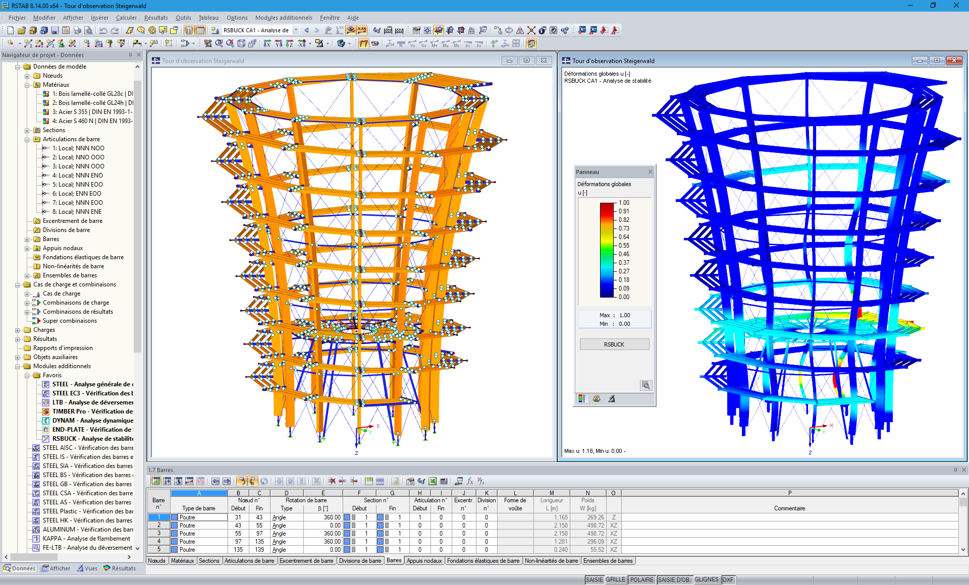 Modèle 3D et mode propre de la tour d’observation dans RSTAB (© WIEHAG GmbH)