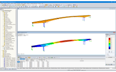 Modèle 3D (haut) et premier mode propre (bas) du pont dans RFEM (© StructureCraft Builders Inc.)