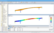Modèle 3D (haut) et premier mode propre (bas) du pont dans RFEM (© StructureCraft Builders Inc.)