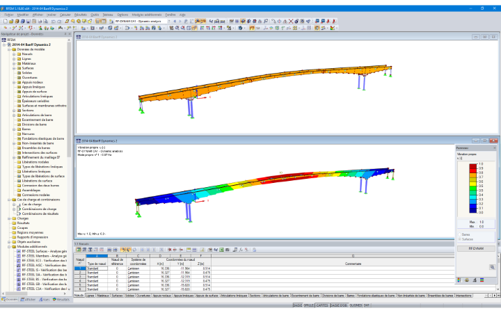 Modèle 3D (haut) et premier mode propre (bas) du pont dans RFEM (© StructureCraft Builders Inc.)