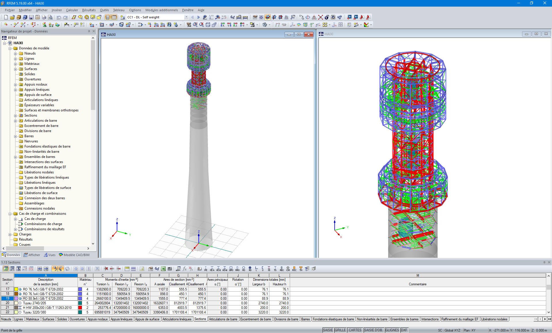 Modèle de la tour dans RFEM (la tour entière à gauche, détail de la partie en acier à droite) (© Allcons s.r.o)
