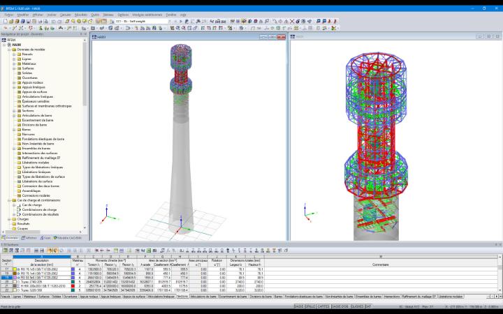 Modèle de la tour dans RFEM (la tour entière à gauche, détail de la partie en acier à droite) (© Allcons s.r.o)