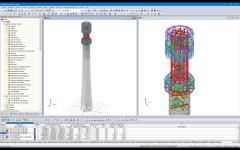 Modèle de la tour dans RFEM (la tour entière à gauche, détail de la partie en acier à droite) (© Allcons s.r.o)