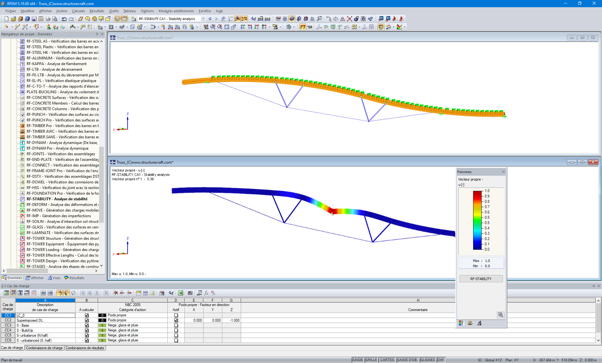 Modèle (haut) et 1e mode propre (bas) d’une poutre de toiture hybride dans RFEM (© StructureCraft Builders Inc.)