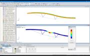 Modèle (haut) et 1e mode propre (bas) d’une poutre de toiture hybride dans RFEM (© StructureCraft Builders Inc.)