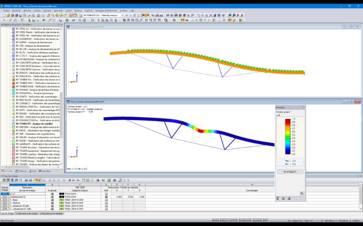 Modèle (haut) et 1e mode propre (bas) d’une poutre de toiture hybride dans RFEM (© StructureCraft Builders Inc.)