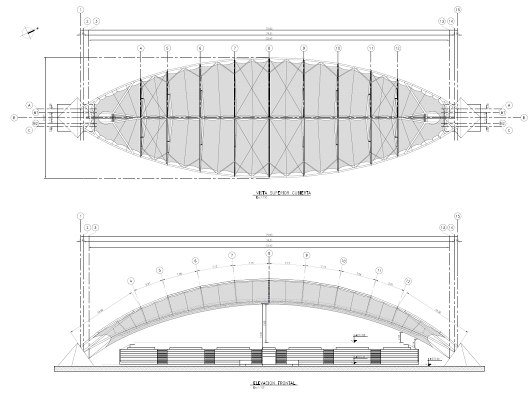 Plan avec vue du dessus (en haut) et coupe transversale du toit (en bas, © FHS Ingeniería Estructural Ltda.)