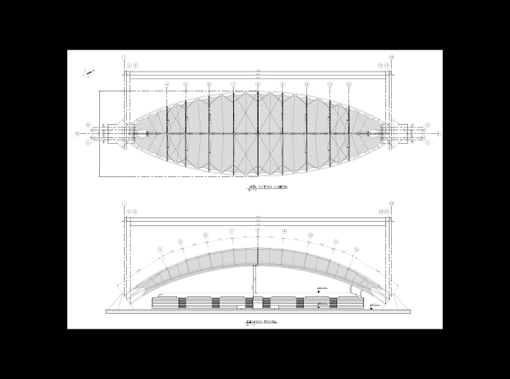Plan avec vue du dessus (en haut) et coupe transversale du toit (en bas, © FHS Ingeniería Estructural Ltda.)