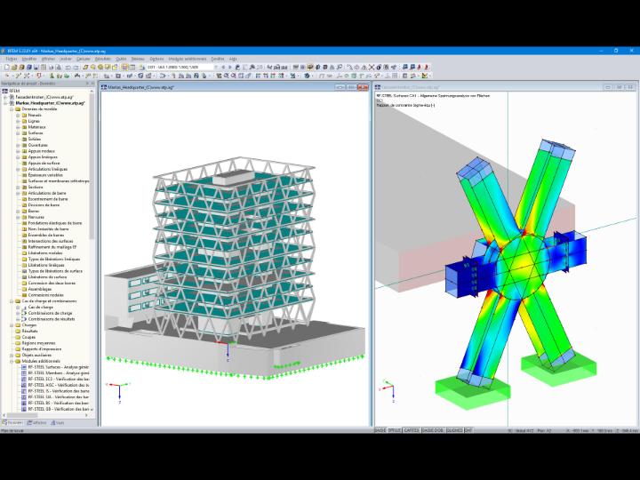 Modèle 3D du siège de la société Markas (à gauche) et analyse des contraintes d'un nœud du treillis dans RFEM (à droite, ©ATP)