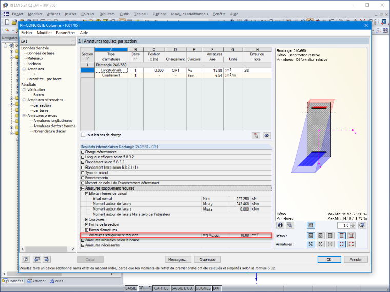 Armatures requises déterminées par RF-CONCRETE Columns