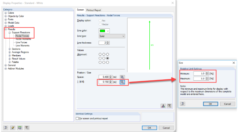 Modification des paramètres des limites relatives des forces nodales