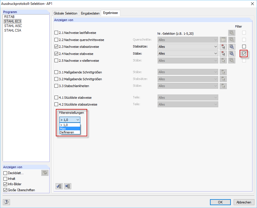 Option de filtre dans le rapport d'impression