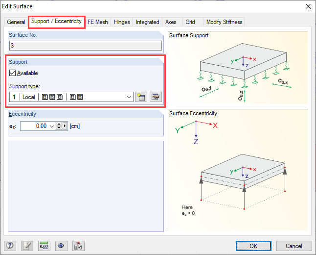 Boîte de dialogue « Modifier la surface » avec définition de l’appui