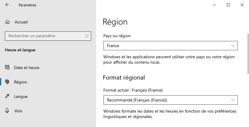 Modifier la région