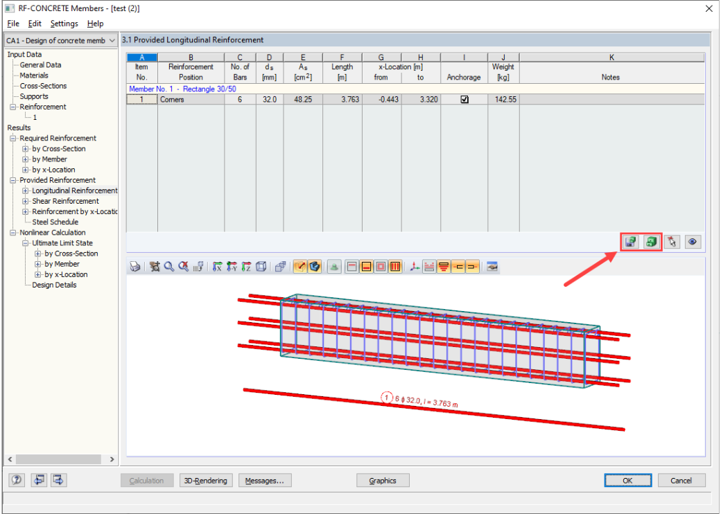 Armature dans le module additionnel RF-CONCRETE Columns