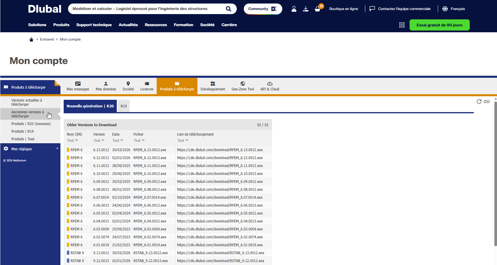Versions précédentes dans l’Extranet