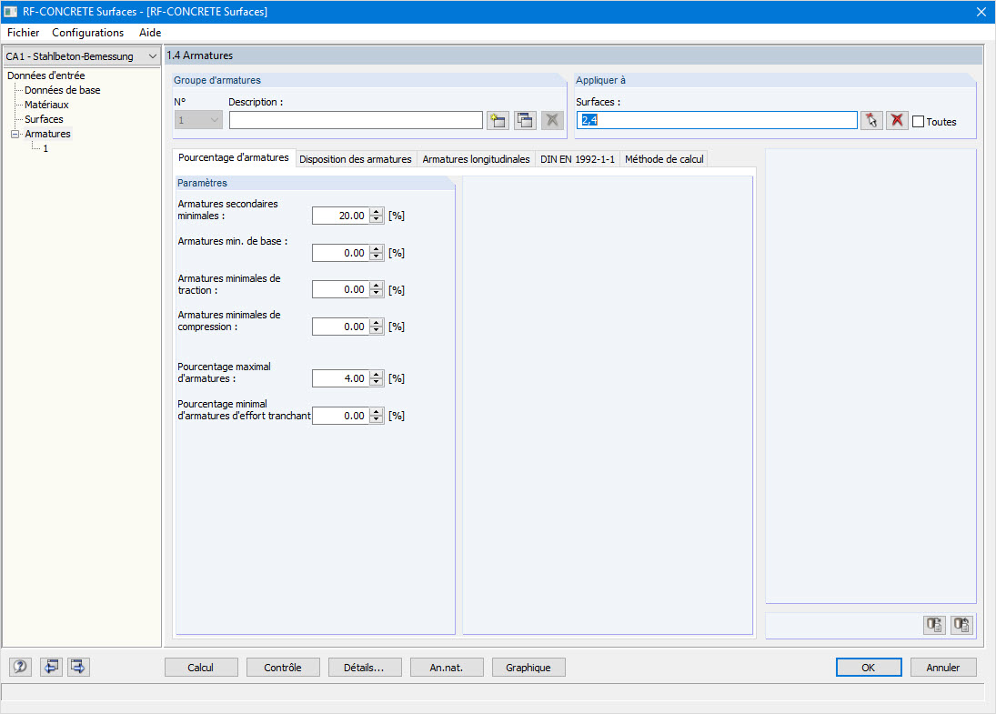 Sélection de surfaces pour le calcul dans la fenêtre 1.4 de RF-CONCRETE Surfaces