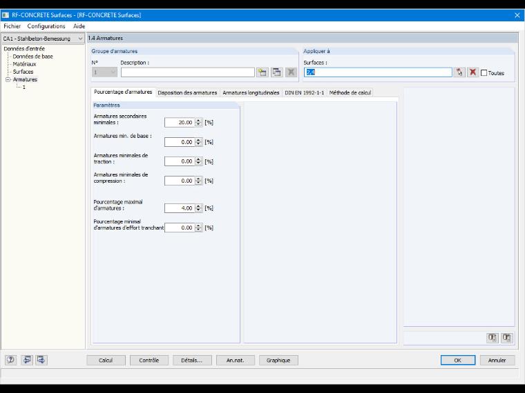 Sélection de surfaces pour le calcul dans la fenêtre 1.4 de RF-CONCRETE Surfaces