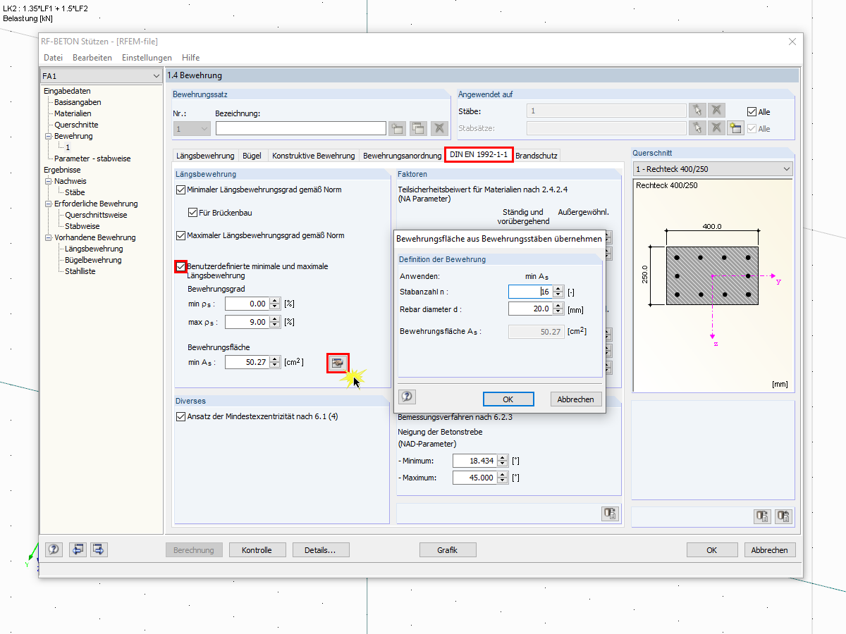 Fenêtre 1.4 avec la spécification des armatures minimales pour la vérification dans RF-/CONCRETE Columns