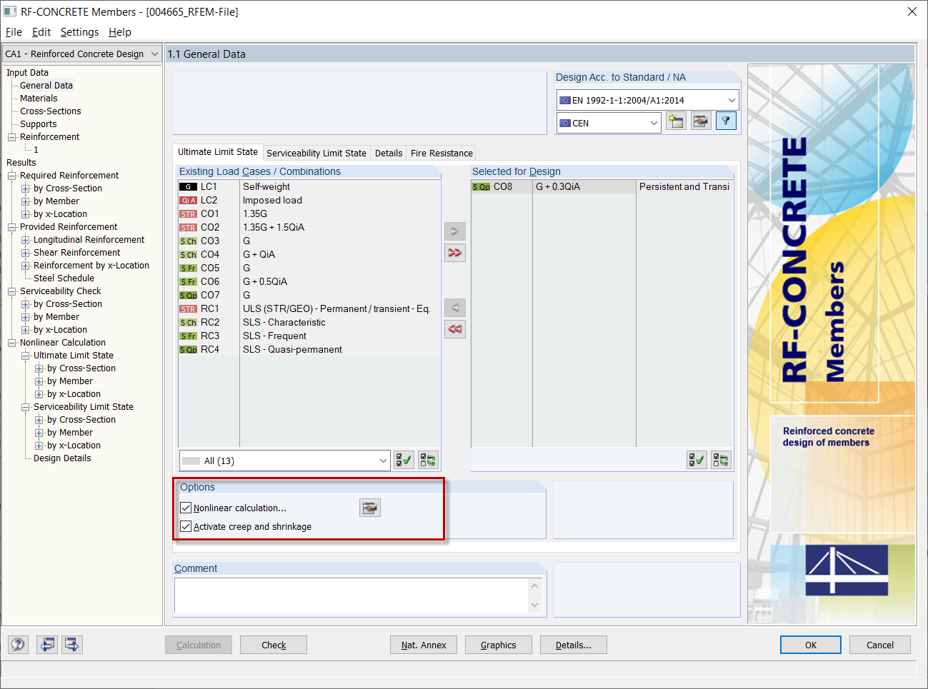 Fenêtre 1.1 dans RF-CONCRETE Members avec activation du calcul NL incl. Fluage et retrait