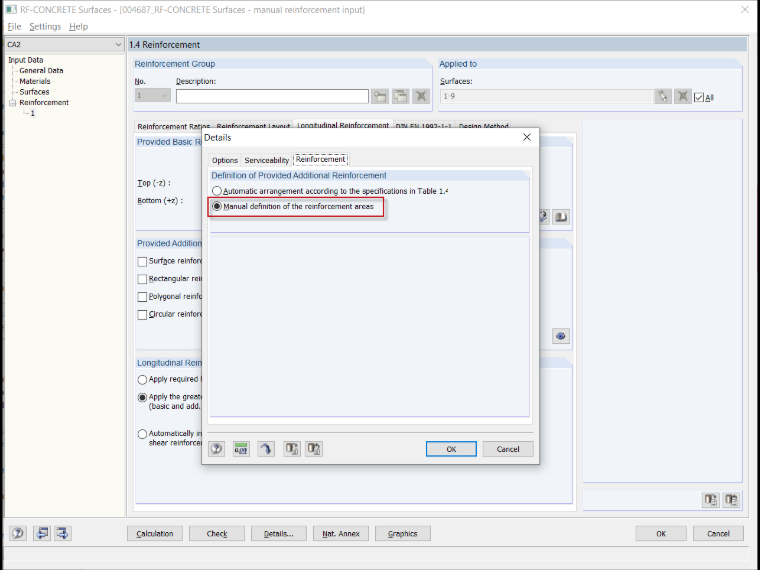 Passer à la « Définition manuelle des aires d'armatures »