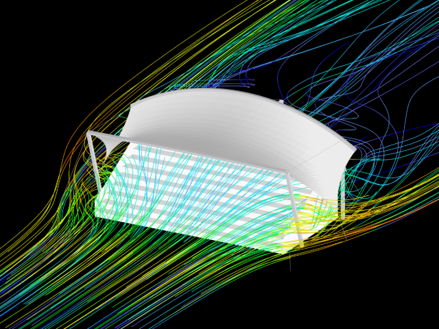 Structure à membrane en acier avec haubans et escalier en dessous, animation