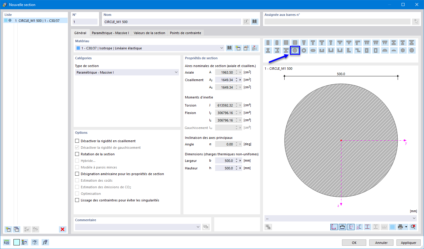 Sélection d’une section circulaire paramétrique