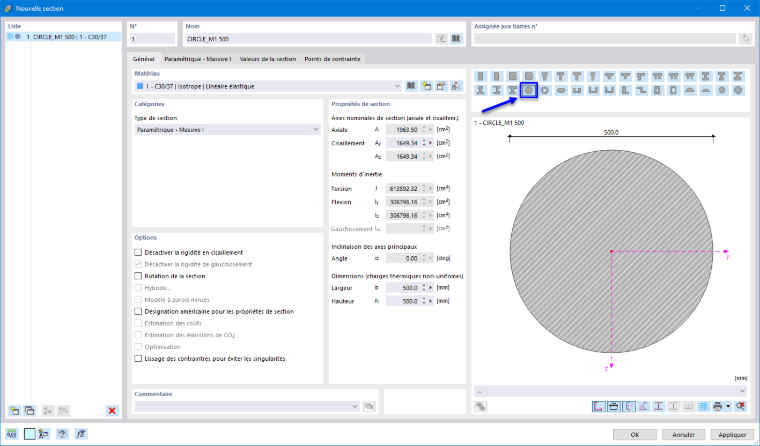 Sélection d’une section circulaire paramétrique