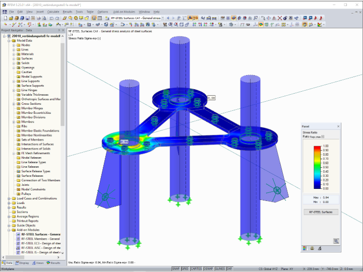 Contraintes de l'acier à la base du poteau dans RFEM (© m3-ZT GmbH)