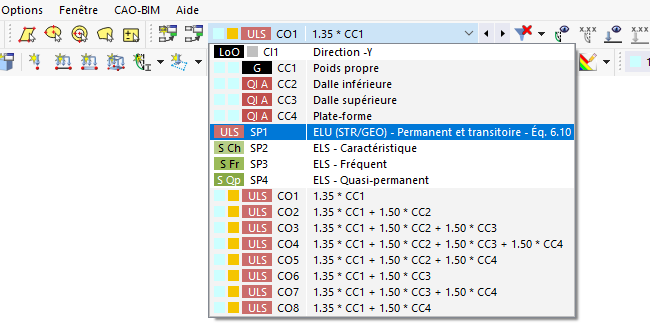 Sélection d’un cas de charge ou d’une combinaison dans la liste de la barre d’outils