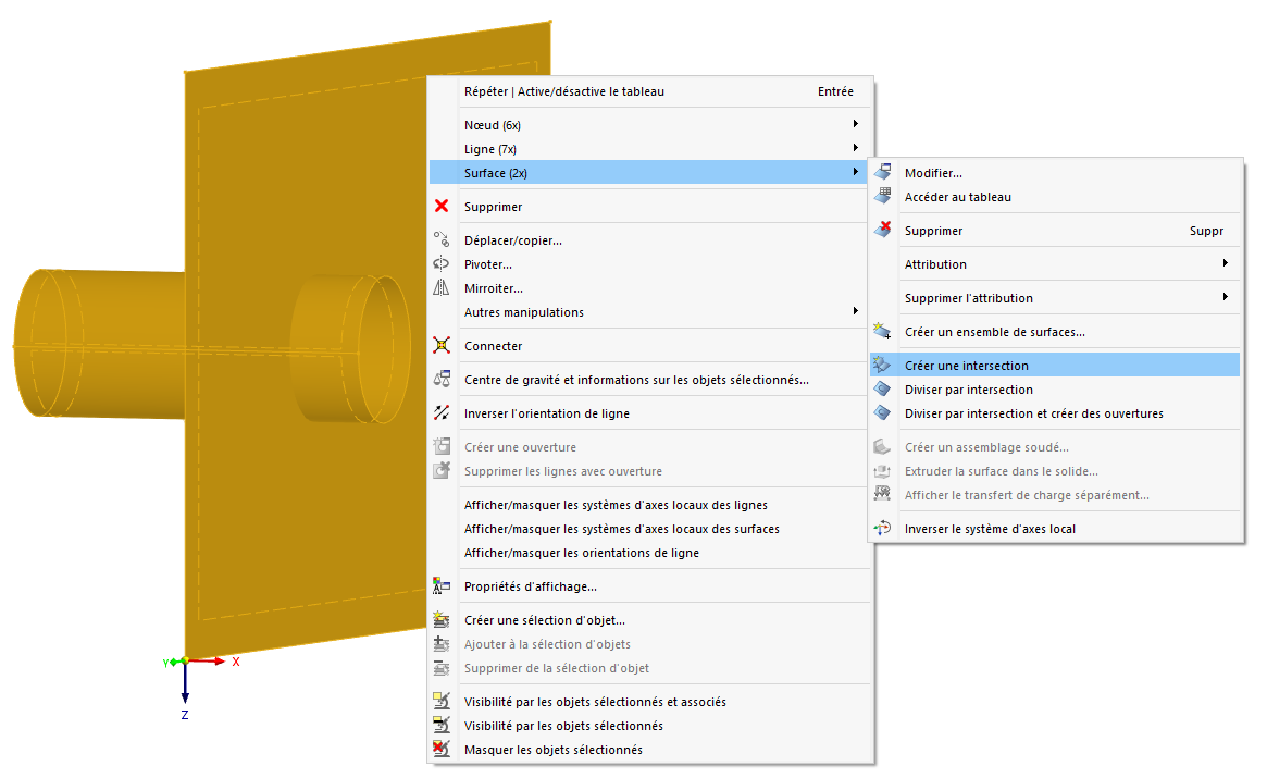 Création d’une intersection via le menu contextuel