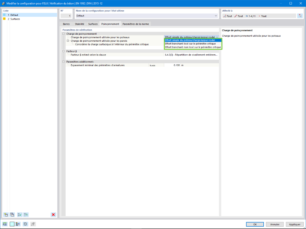 Interface de configuration pour le poinçonnement des structures béton dans RFEM.