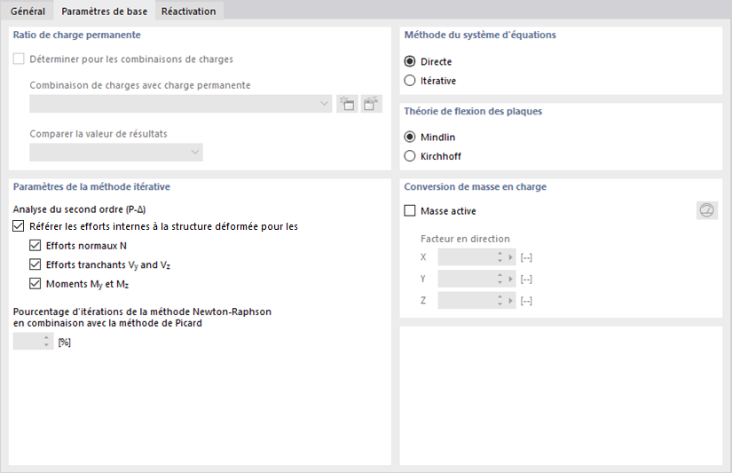 Paramètres pour l’analyse statique, paramètres de base