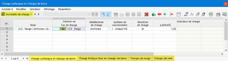 Assistants de charge dans le tableau
