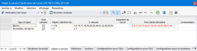 Tableau « Objets à calculer » pour la vérification de l’acier