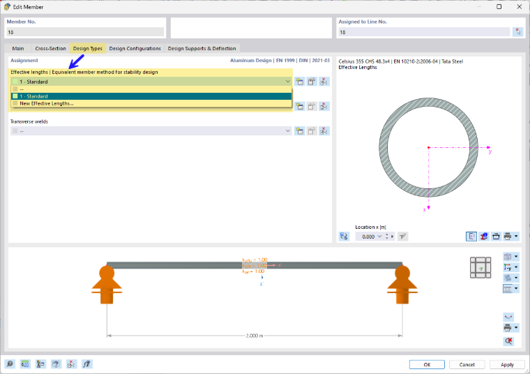 Fenêtre de dialogue Représentation des barres : Sélection du type de longueur efficace dans la section Types de calcul.