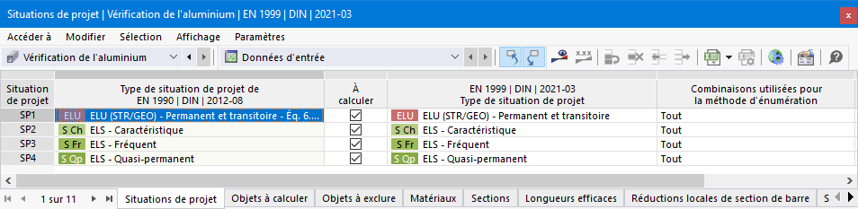 Tableau d’entrée pour les situations de projet dans la vérification de l’aluminium