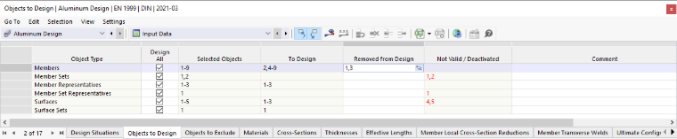 Tableau d’entrée pour les objets à calculer dans la vérification de l’aluminium