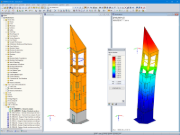 Modèle de tour (gauche) et 1. Déplacement (droite) dans RFEM (© ingwh)