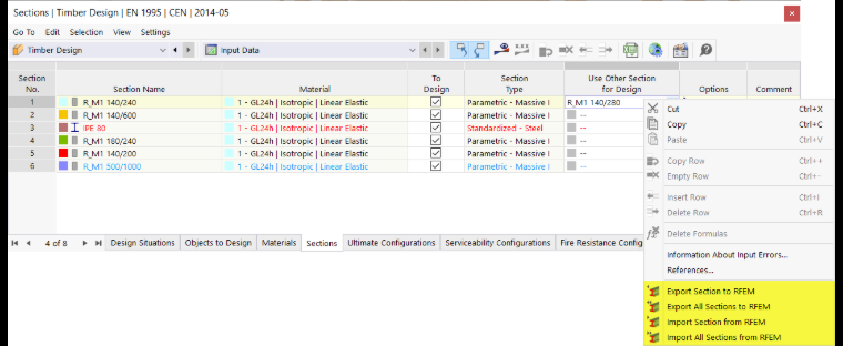 Menu contextuel en cas d’utilisation de sections différentes