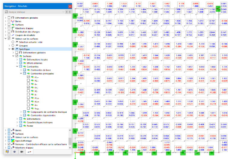 Affichage des valeurs des contraintes principales pour les faces de surface positives et négatives