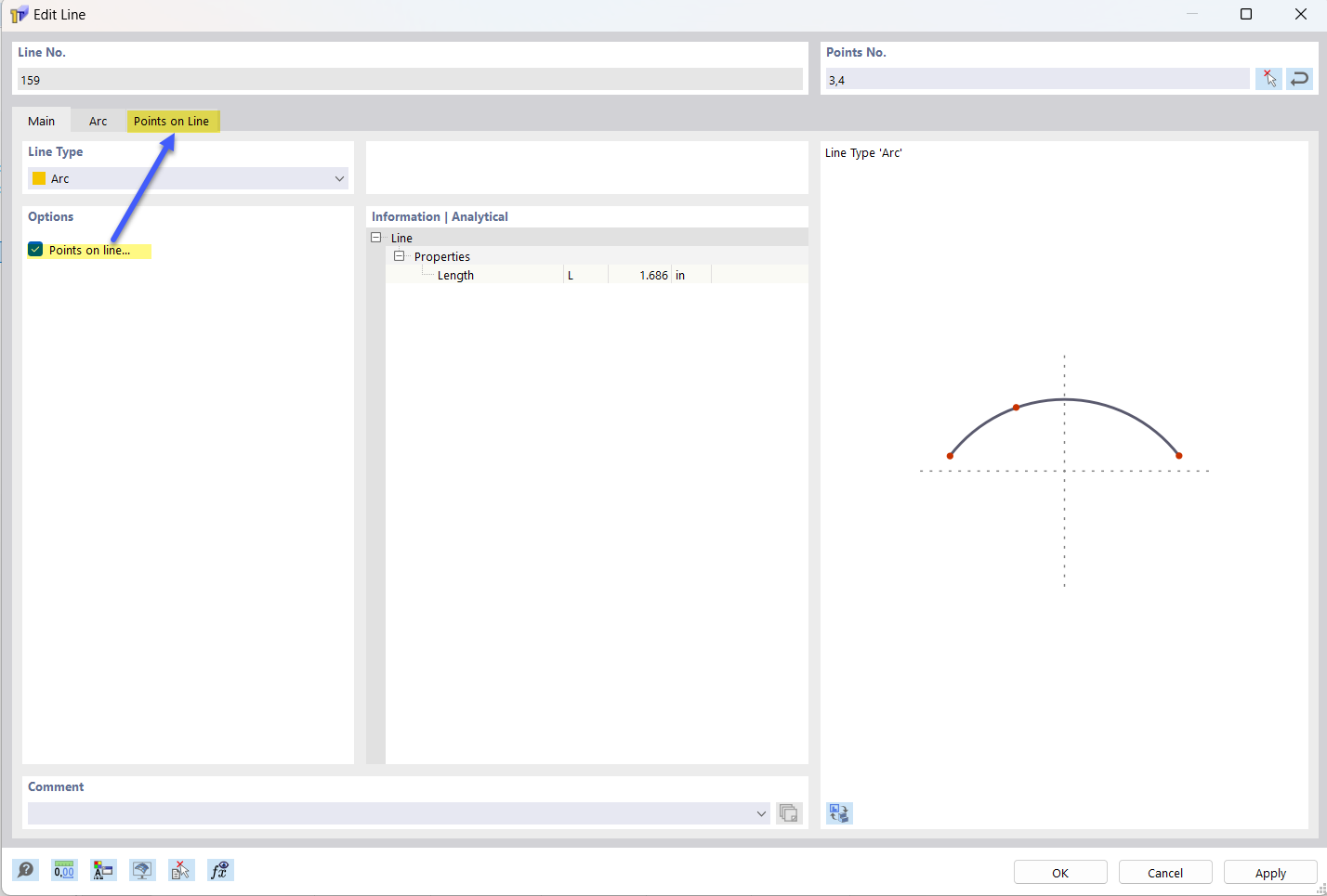 Boite de dialogue « Nouvelle ligne », onglet pour l’option sélectionnée « Points sur la ligne »
