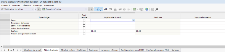 Tableau « Objets à calculer » pour la vérification du béton