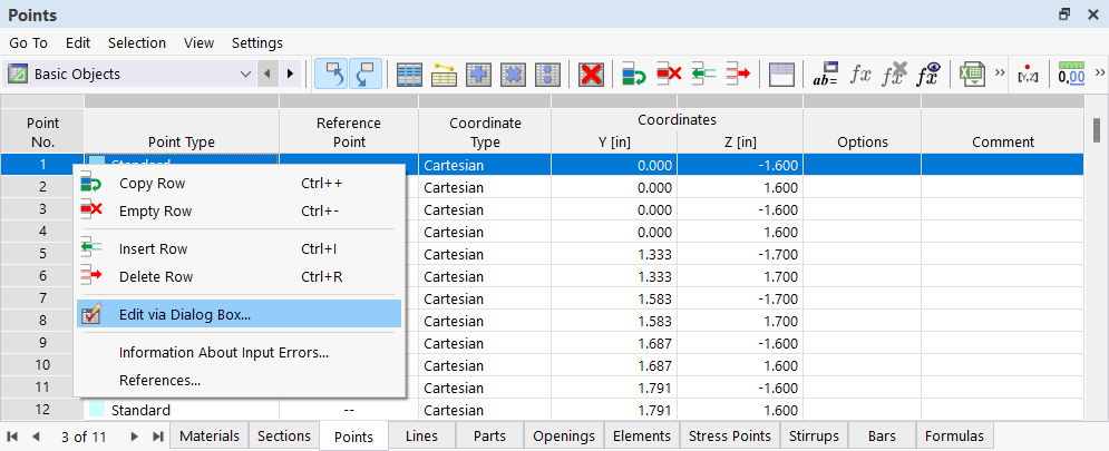 Menu contextuel dans le tableau