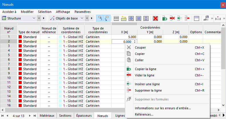 Fonctions du menu contextuel du tableau