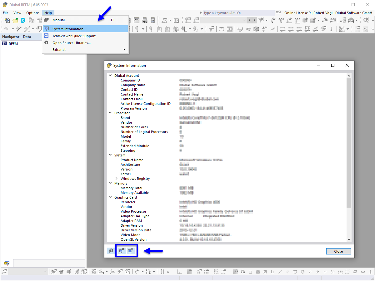 FAQ 005177 | Comment puis-je effectuer un diagnostic du système dans RFEM 6/RSTAB 9 et l'envoyer à l'équipe du service client de Dlubal Software ?