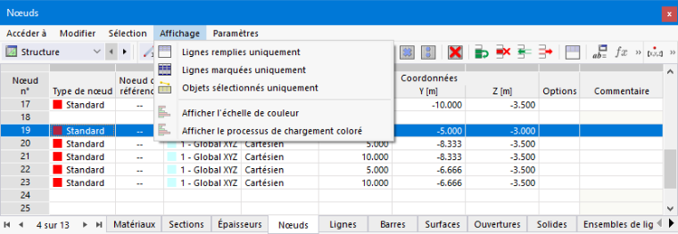 Menu du tableau « Affichage »