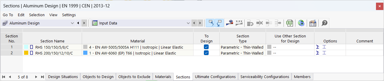 Tableau d’entrée pour les sections dans la vérification de l’aluminium