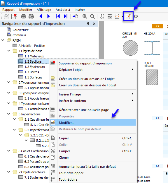 Bouton « Modifier le rapport d’impression » et menu contextuel